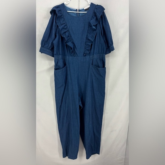 Eloquii Elements Women's Plus Size 22 Denim Jumpsuit Ruffles Short Sleeve Trendy - Picture 2 of 9